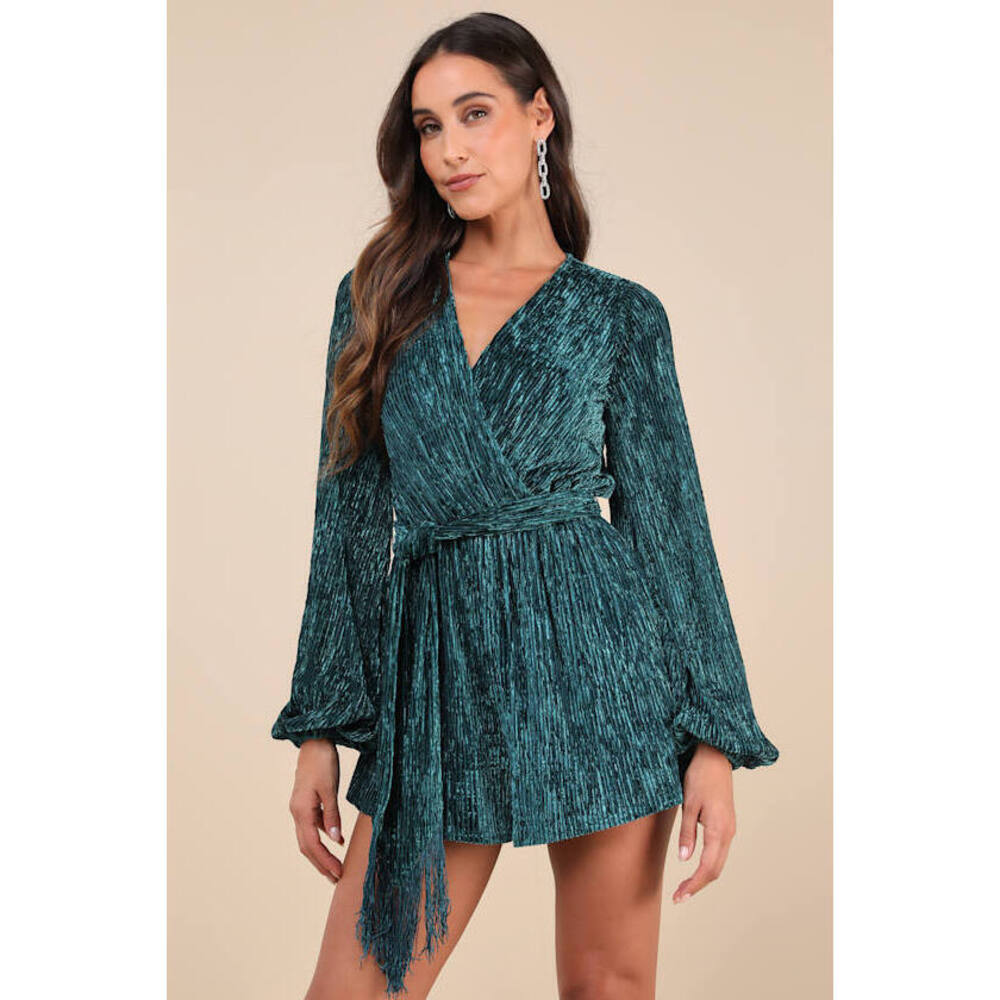Lulus Signature Poise Teal Velvet Shadow Stripe Surplice Romper Green - Size S